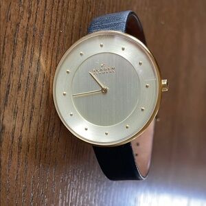 Skagen Black Leather Watch with Gold Face